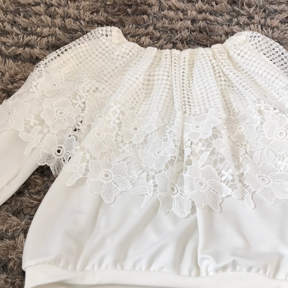 2nd Flower Off Shoulder White Floral Lace Layered Long-Sleeve Top Size S - Picture 4 of 7
